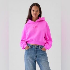 NWT GAP VintageSoft Crop Logo Hoodie Neon Pink Size Medium